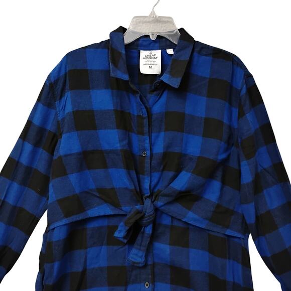 Cheap Monday Flannel Shirt Dress Medium Blue and Black Long Sleeve Button Down - Picture 2 of 11